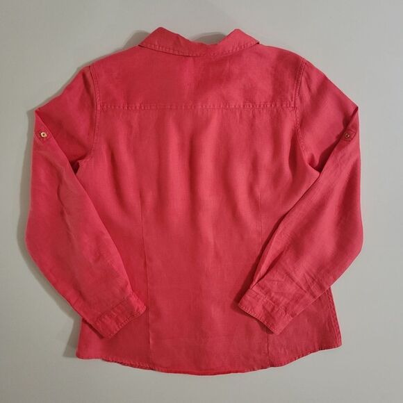 Calvin Klein Women's Red Orange Linen  Long Sleeve Button-Down Blouse - Picture 12 of 15